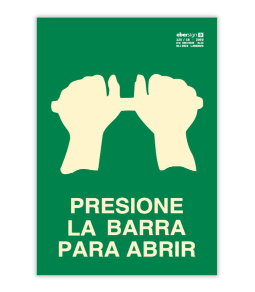 SEÑAL PVC A3 SALIDA DE EMERGENCIA PRESIONE LA BARRA PARA ABRIR